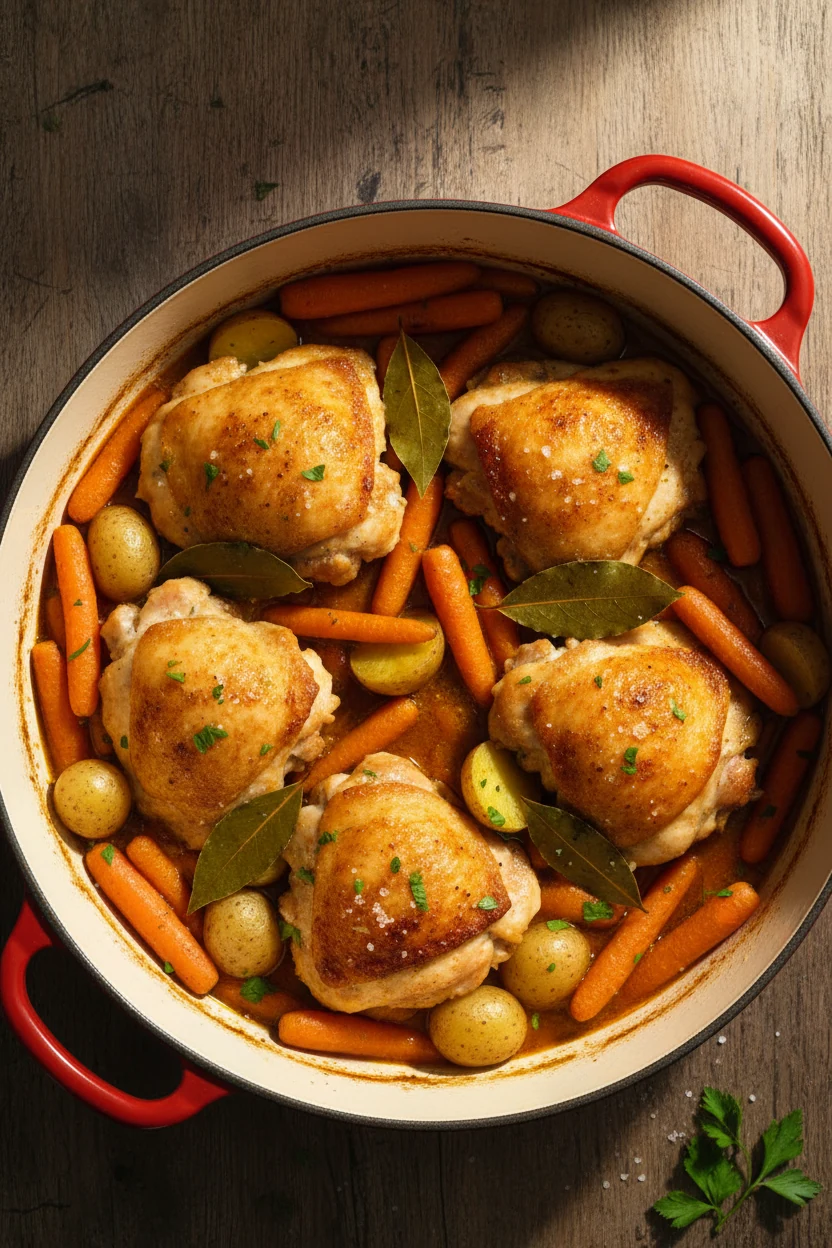 Overhead shot of uncovered braise: crisp-skinned chicken thighs nestled over tender carrots and halved baby potatoes in 