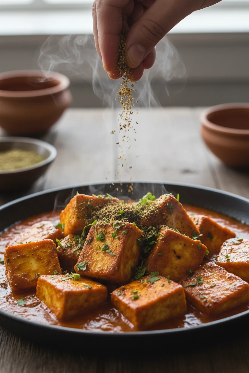 Cooking process: Golden-seared paneer cubes being folded back into the glossy, clingy sauce; steam rising, a sprinkle of