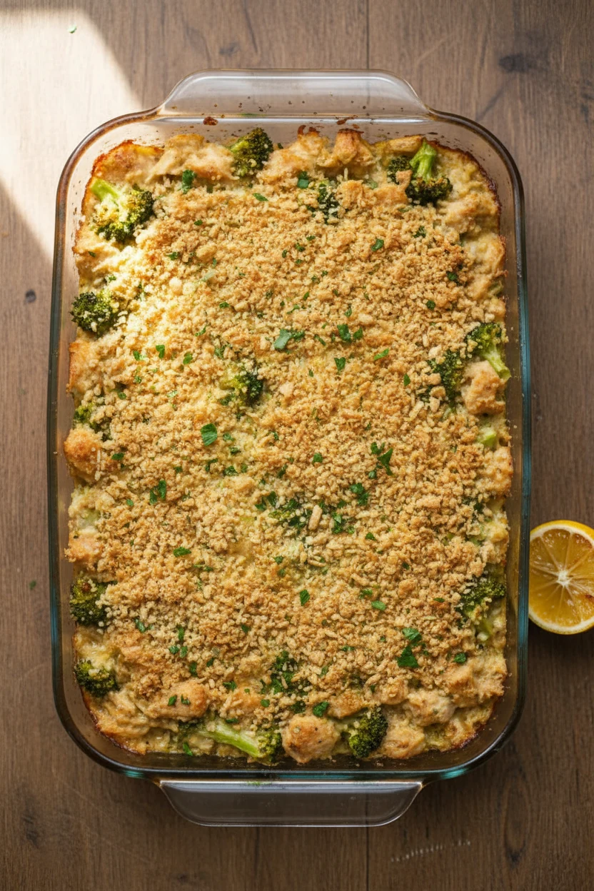 Overhead top view of the baked chicken–broccoli rice casserole in a 9x13 dish: evenly golden buttered panko crust, bubbl