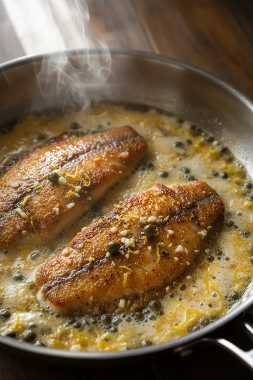 Cooking process shot: tilapia fillets finishing in a stainless skillet, foamy butter with minced garlic and lemon zest b