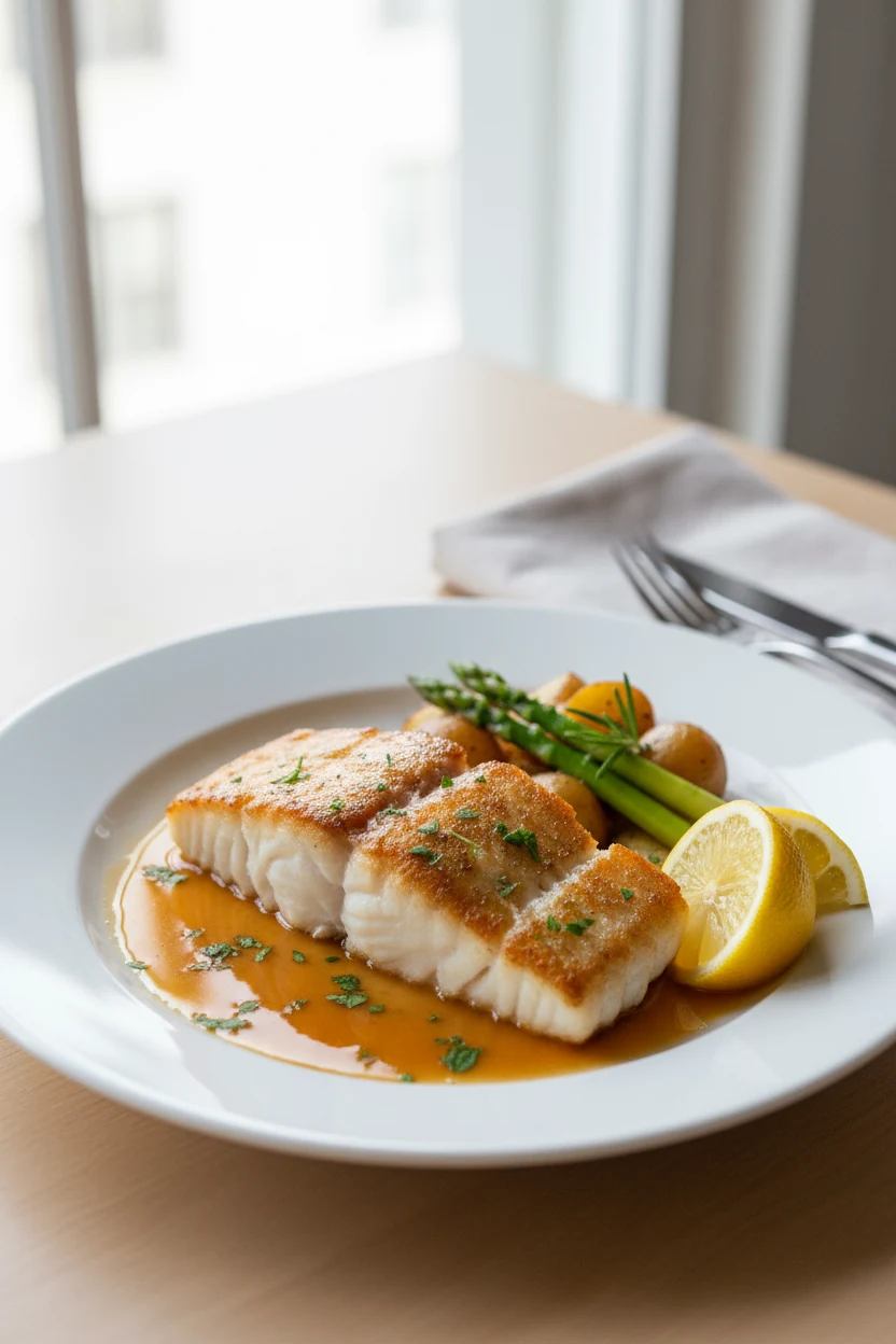 2. Beautifully plated pan-seared cod with flaky layers and pan sauce, sprinkled with fresh parsley and served with lemon