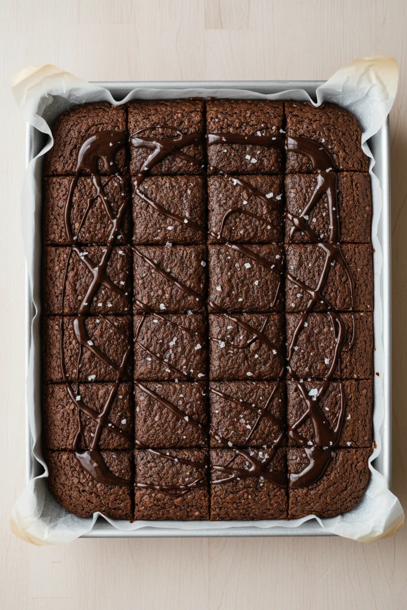 Overhead shot of an 8x8 pan of blender brownie squares on parchment with overhang, cut cleanly; glossy dark chocolate dr