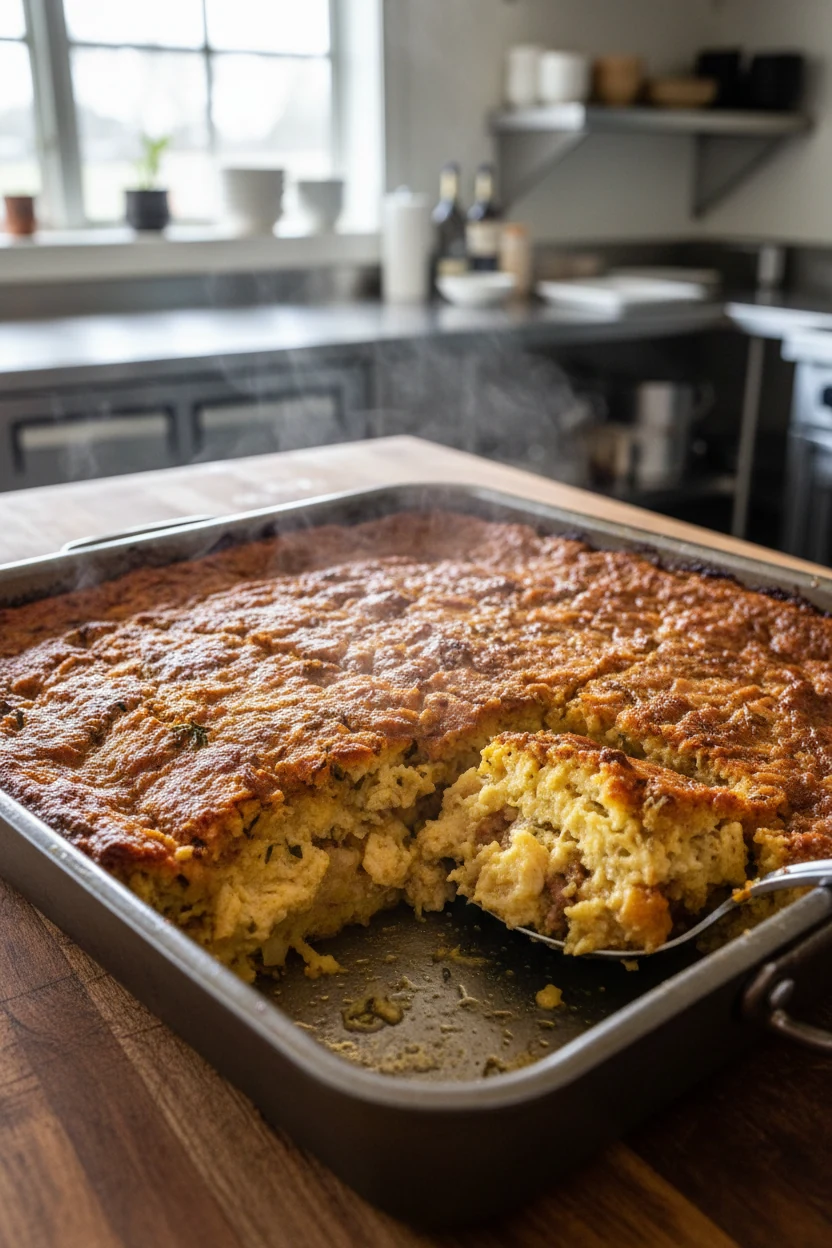 Cooking process: stuffing post-foil bake in a 9×13 metal pan; deeply golden top and bubbling edges, a corner lifted to s