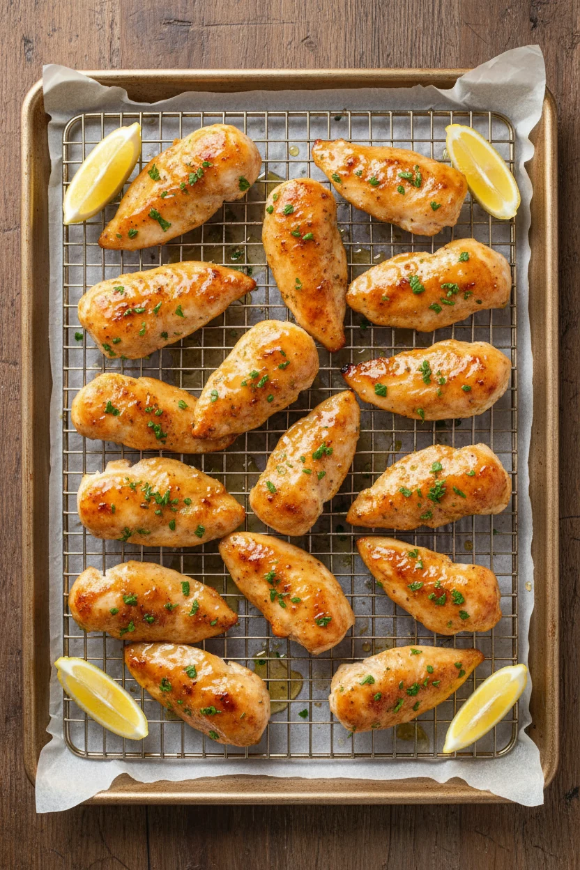 Overhead shot of oven-roasted chicken tenderloins on a parchment-lined sheet pan with wire rack, evenly browned with a s