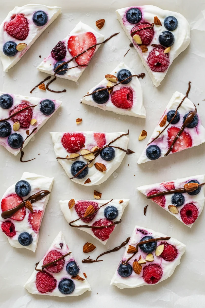 Overhead shot of frozen Greek yogurt berry bark broken into thin 1/4-inch shards on parchment: studded with mixed berrie