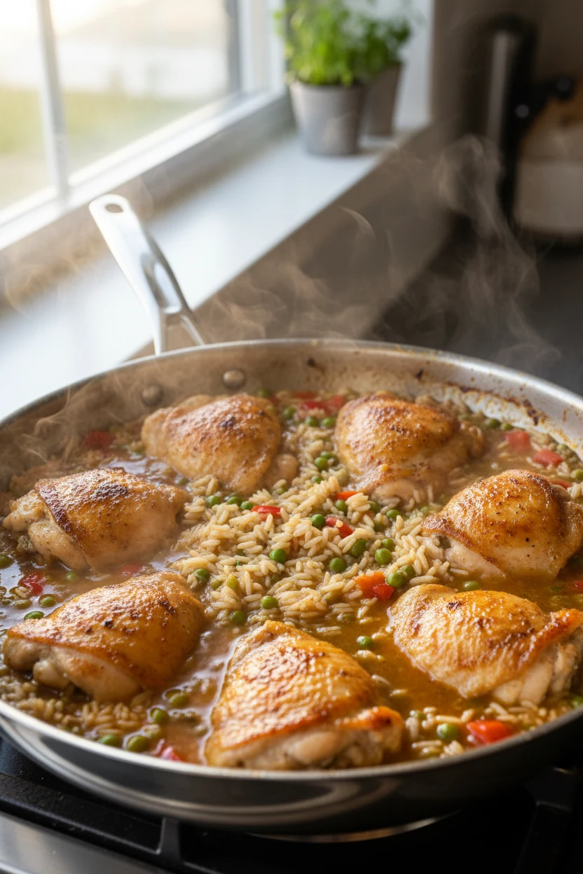 Cooking process: One-pan chicken and rice simmering in a wide skillet—seared thighs nestled into rice with chicken broth