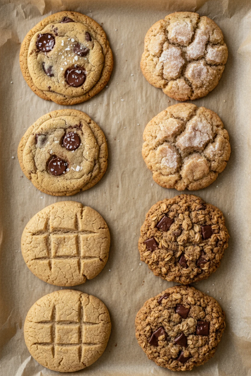 2. Overhead of a parchment-lined sheet with four variants: chocolate chip with salt flakes, cinnamon-sugar snickerdoodle