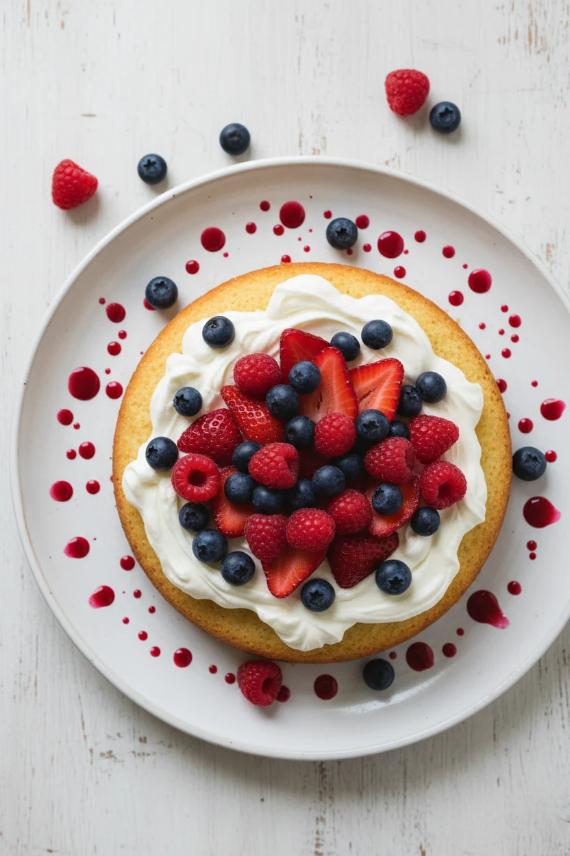Overhead shot of a round butter cake topped with whipped cream and fresh berries, vibrant colors contrasting against a m