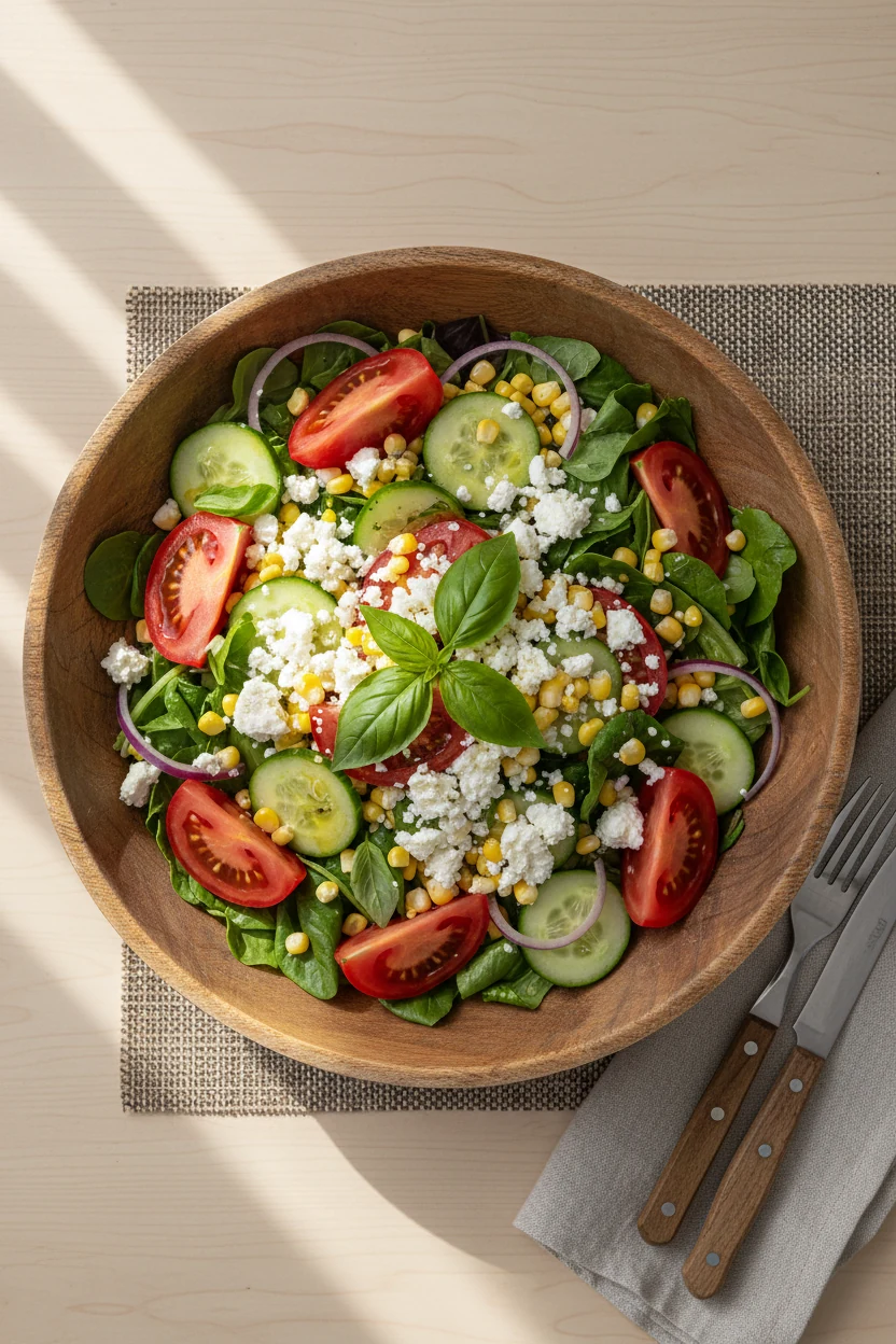Overhead shot of the final plated summer salad topped with crumbled feta and fresh basil garnish, bright mix of reds, ye