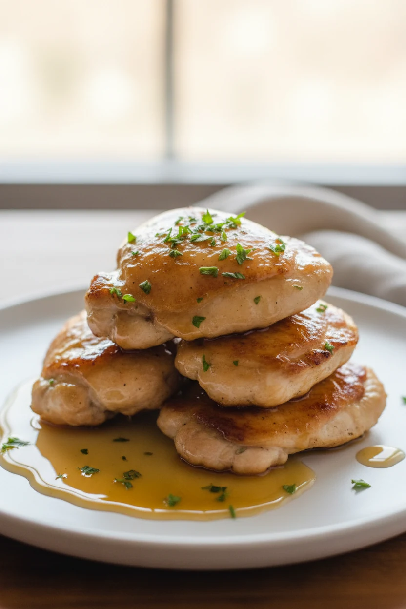 Beautifully plated boneless skinless chicken thighs garnished with fresh parsley, served on a white ceramic plate, drizz