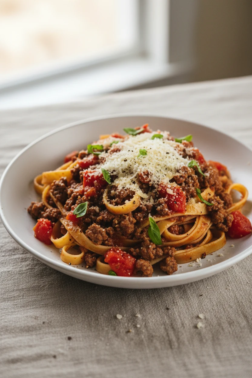 Beautifully plated Speedy Bolognese: saucy ground beef and crushed tomatoes coating al dente pasta, butter sheen, grated