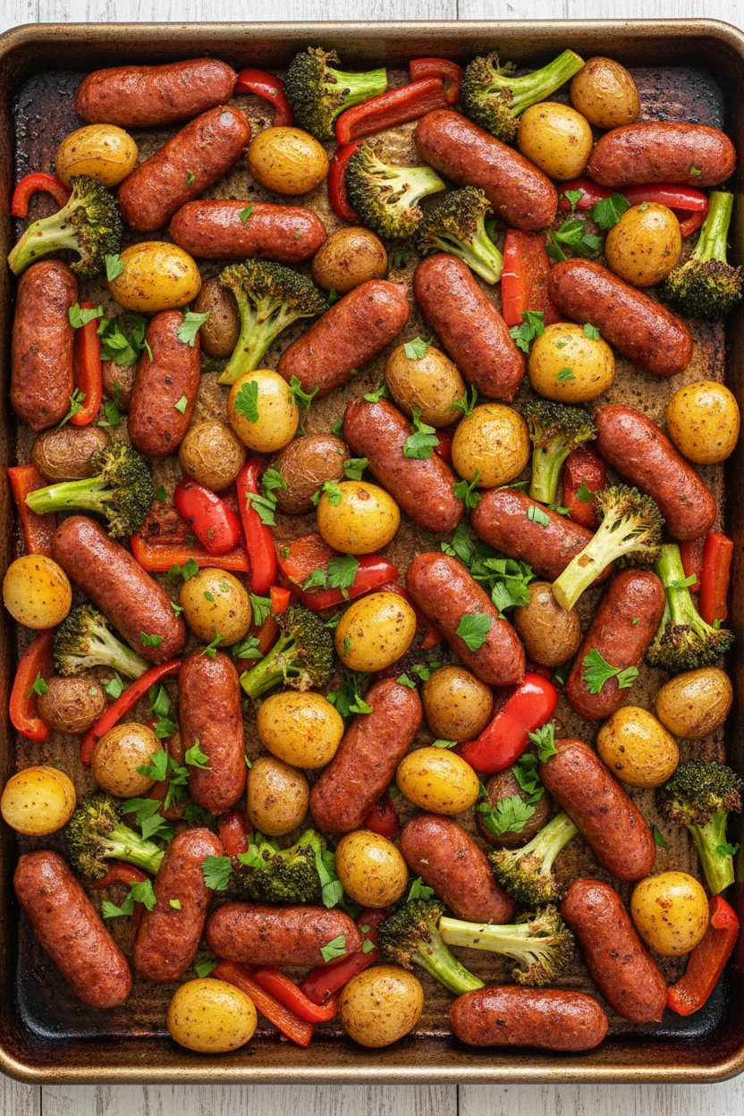Overhead shot of sheet-pan roasted kielbasa, baby potatoes, broccoli florets, and red bell peppers, all coated in a smok