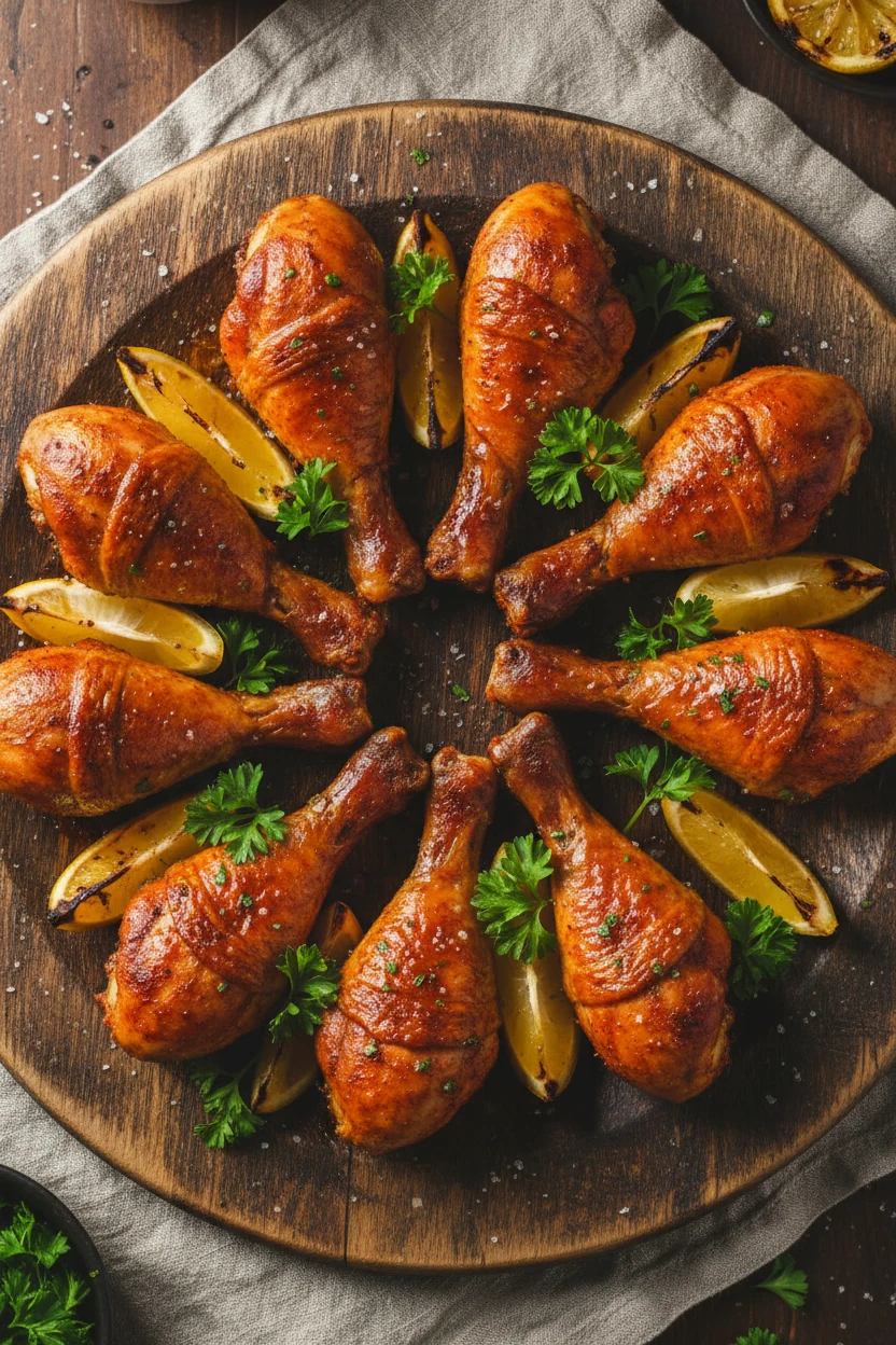 Overhead shot of a rustic serving platter filled with oven-roasted chicken drumsticks arranged neatly, garnished with le