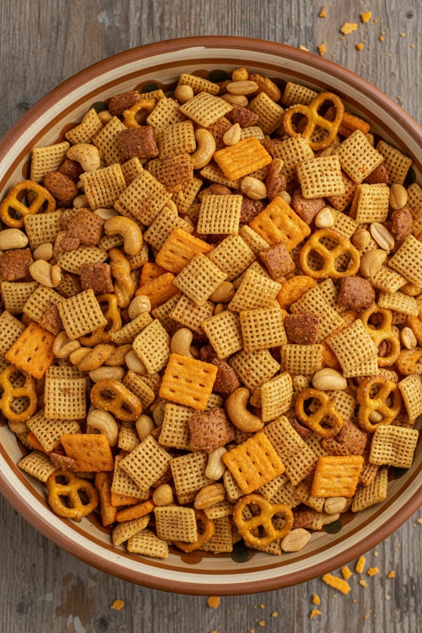 Overhead shot of a large ceramic serving bowl filled with party-style Chex mix, balanced mix of cereals, pretzels, nuts,