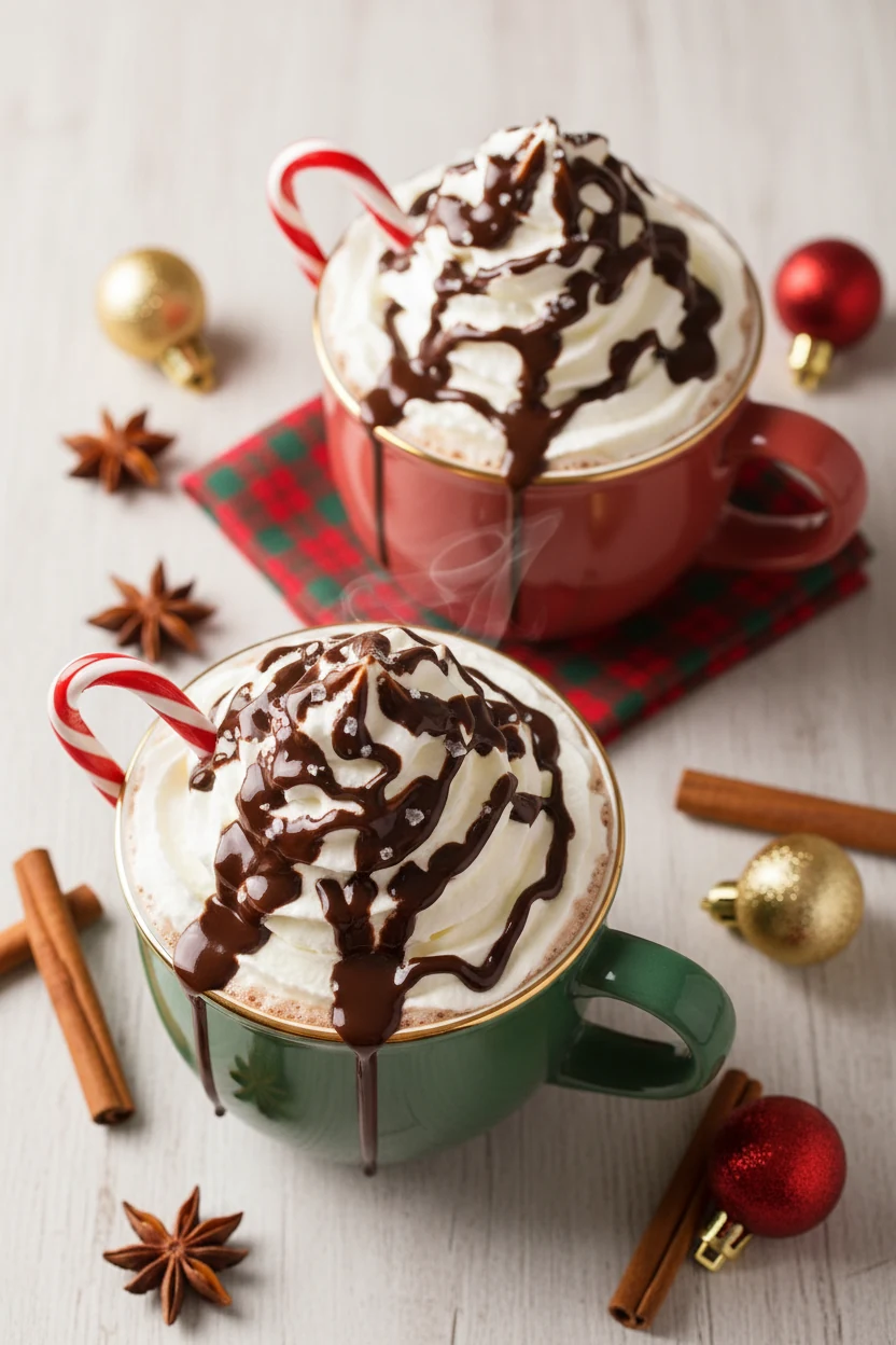 Overhead view of two mugs of hot chocolate with whipped cream peaks drizzled in melted semi-sweet chocolate, garnished w