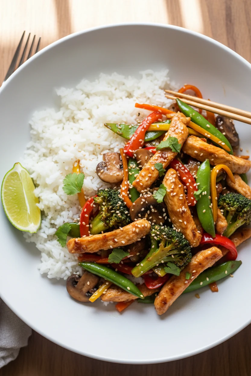 Overhead shot of a finished chicken and vegetable stir-fry served over fluffy jasmine rice in a wide white bowl, garnish