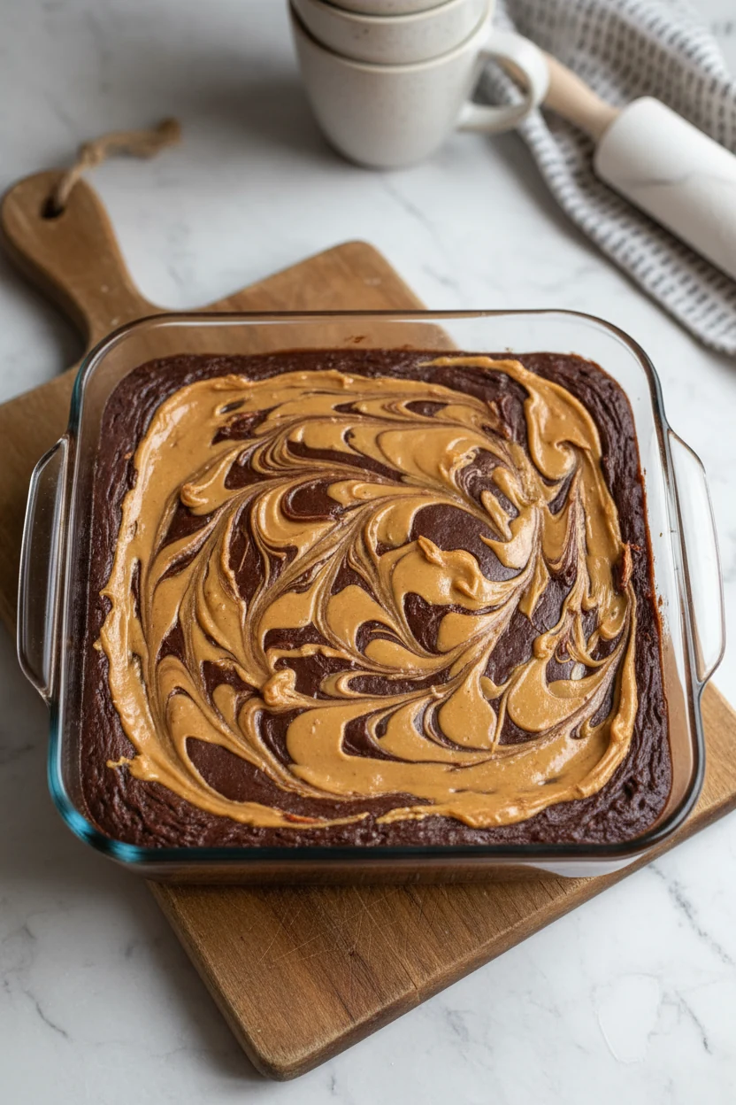Overhead shot of an 8x8-inch pan of cooling fudge with swirled peanut butter ribbons on top, rich brown and golden hues 