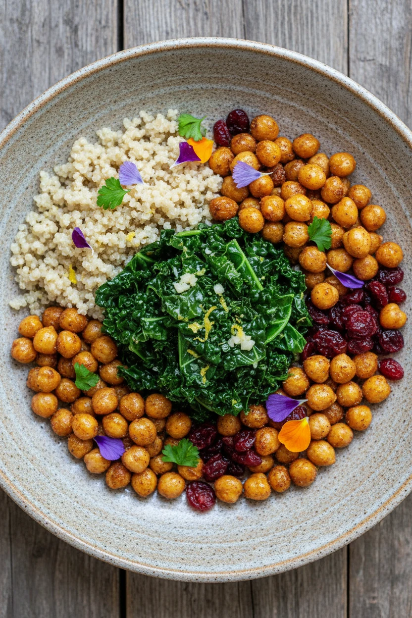 Overhead shot of a vibrant grain bowl featuring sautéed kale with garlic and lemon, surrounded by cooked quinoa, roasted