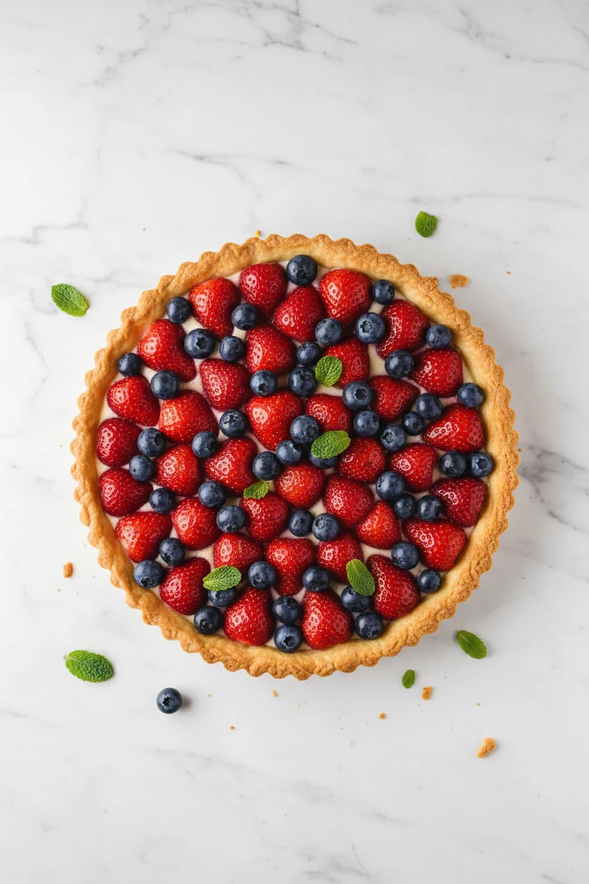 Overhead shot of vibrant fresh fruit tart filled with glossy strawberries and blueberries on a golden pastry crust, garn