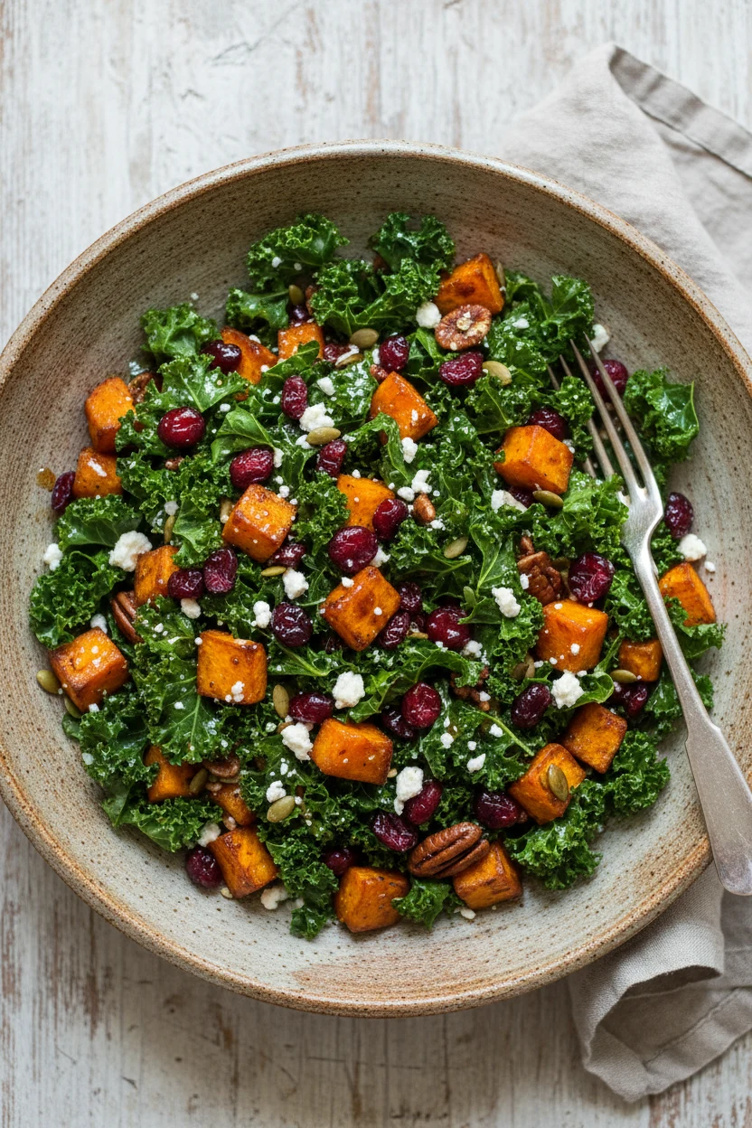 Overhead shot of the assembled sweet potato, kale, and cranberry salad in a large rustic ceramic bowl, warm cranberries 