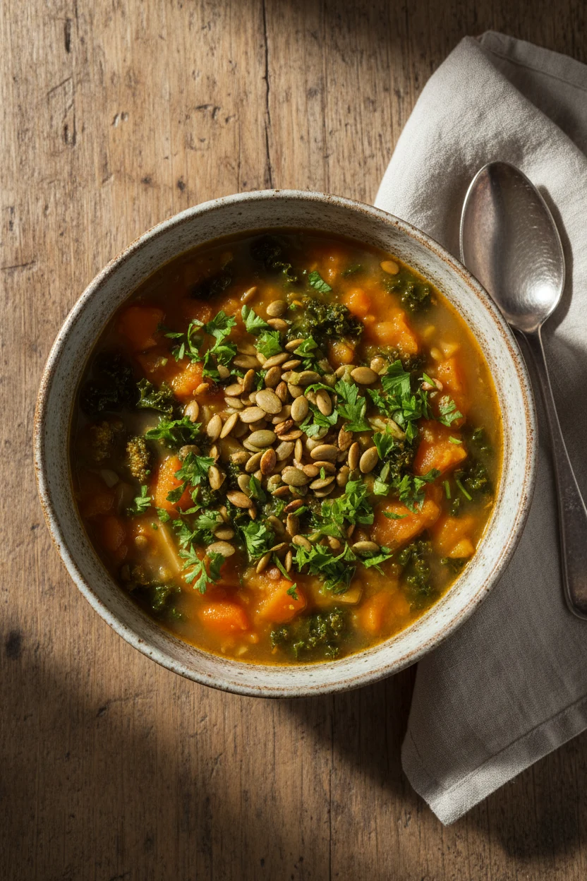 Overhead shot of the finished fall vegetable soup served in a rustic ceramic bowl, garnished with fresh parsley and toas