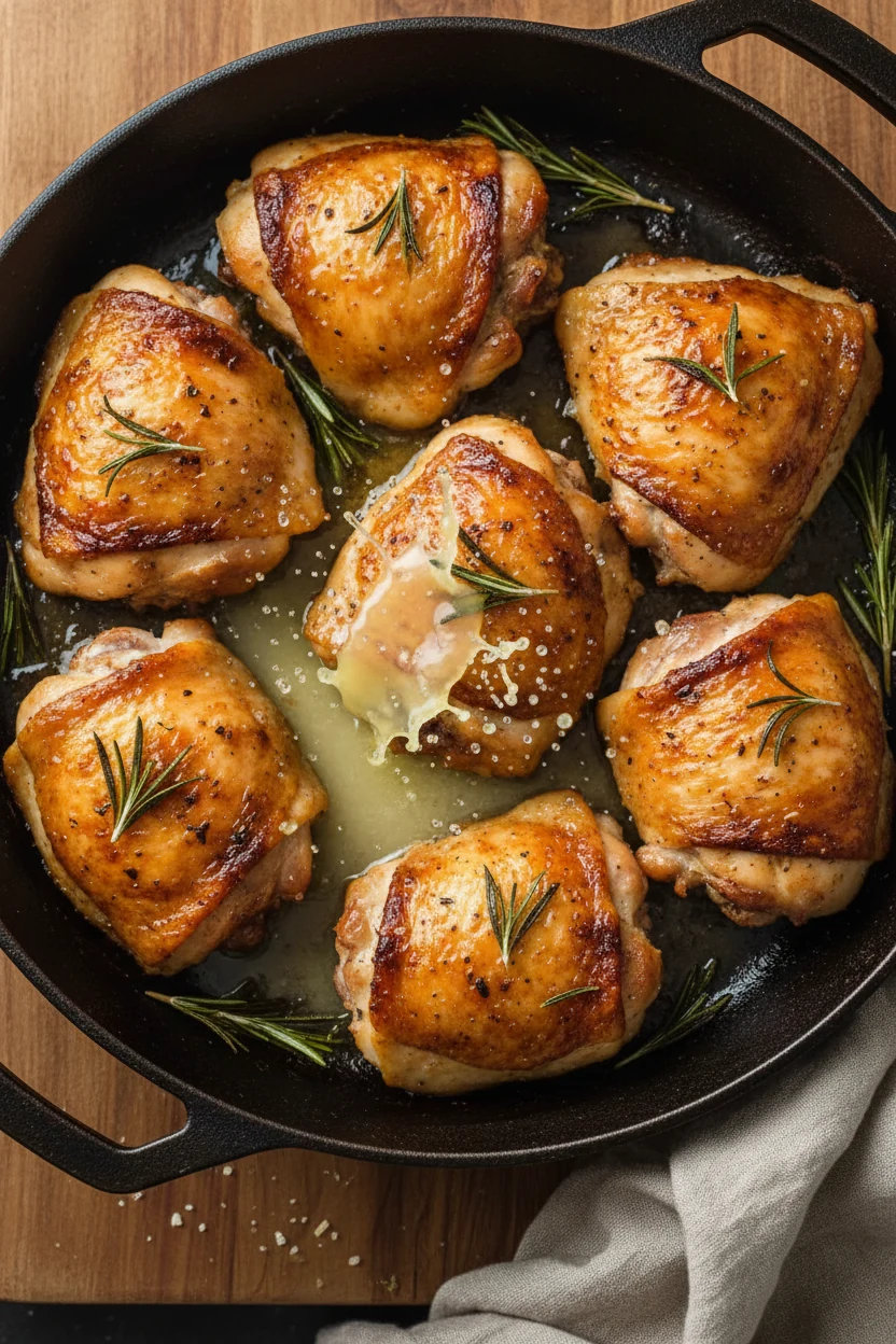Overhead shot of a roasting pan fresh from the oven, chicken thighs arranged skin-side up with caramelized edges and spr