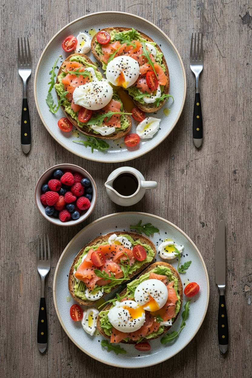 Overhead shot of two brunch plates featuring avocado spread sourdough topped with smoked salmon, cream cheese patches, a