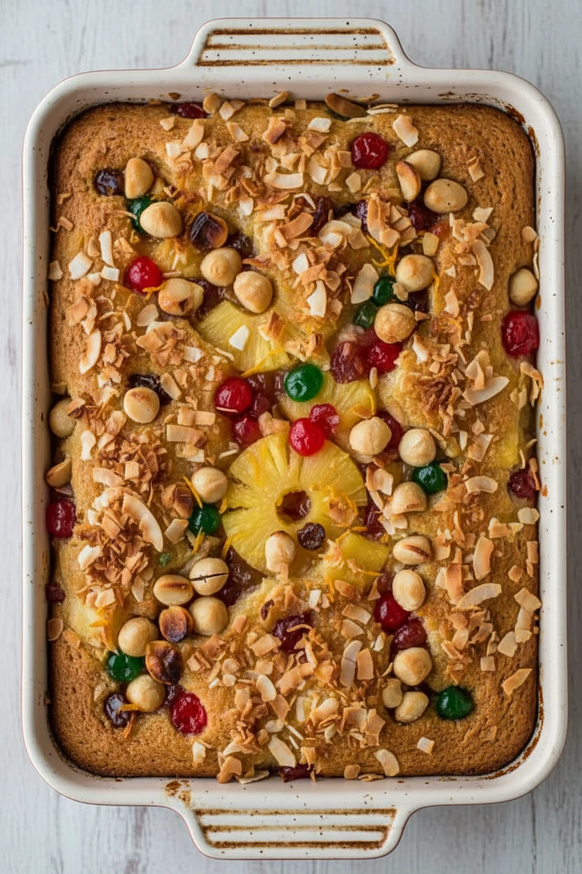Overhead shot of a tropical twist dump cake in its baking dish, toasted coconut flakes and macadamia nuts scattered acro