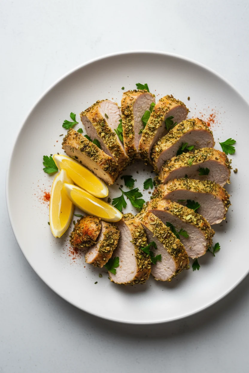 Overhead shot of beautifully plated herb-crusted pork loin slices arranged in a fan shape on a matte white plate, garnis