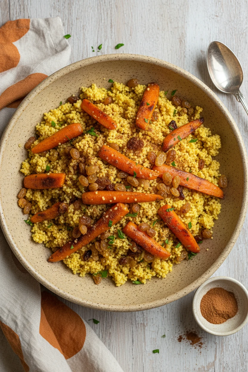 Overhead shot of Moroccan-inspired couscous in a wide rustic bowl, speckled with roasted carrots, golden raisins, and a 