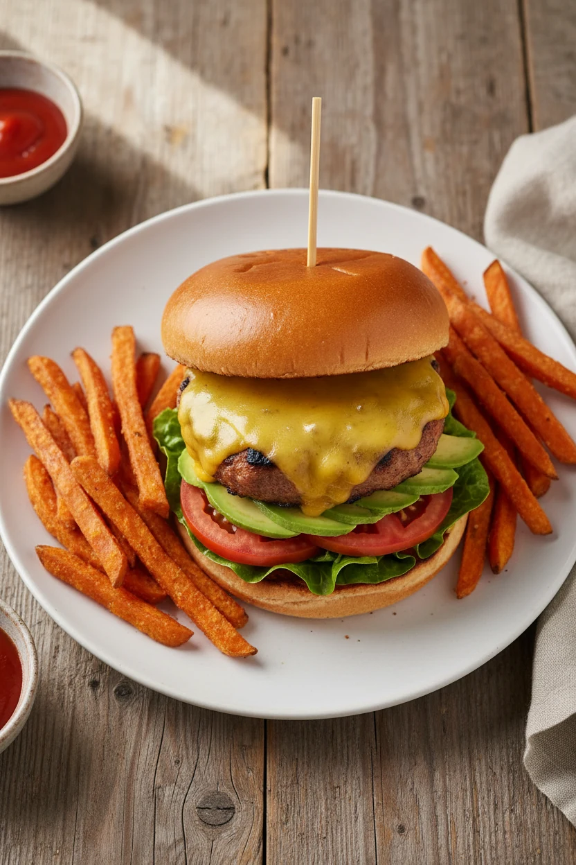 Overhead shot of fully assembled turkey burger on a toasted brioche bun, layered with crisp lettuce, ripe tomato slices,
