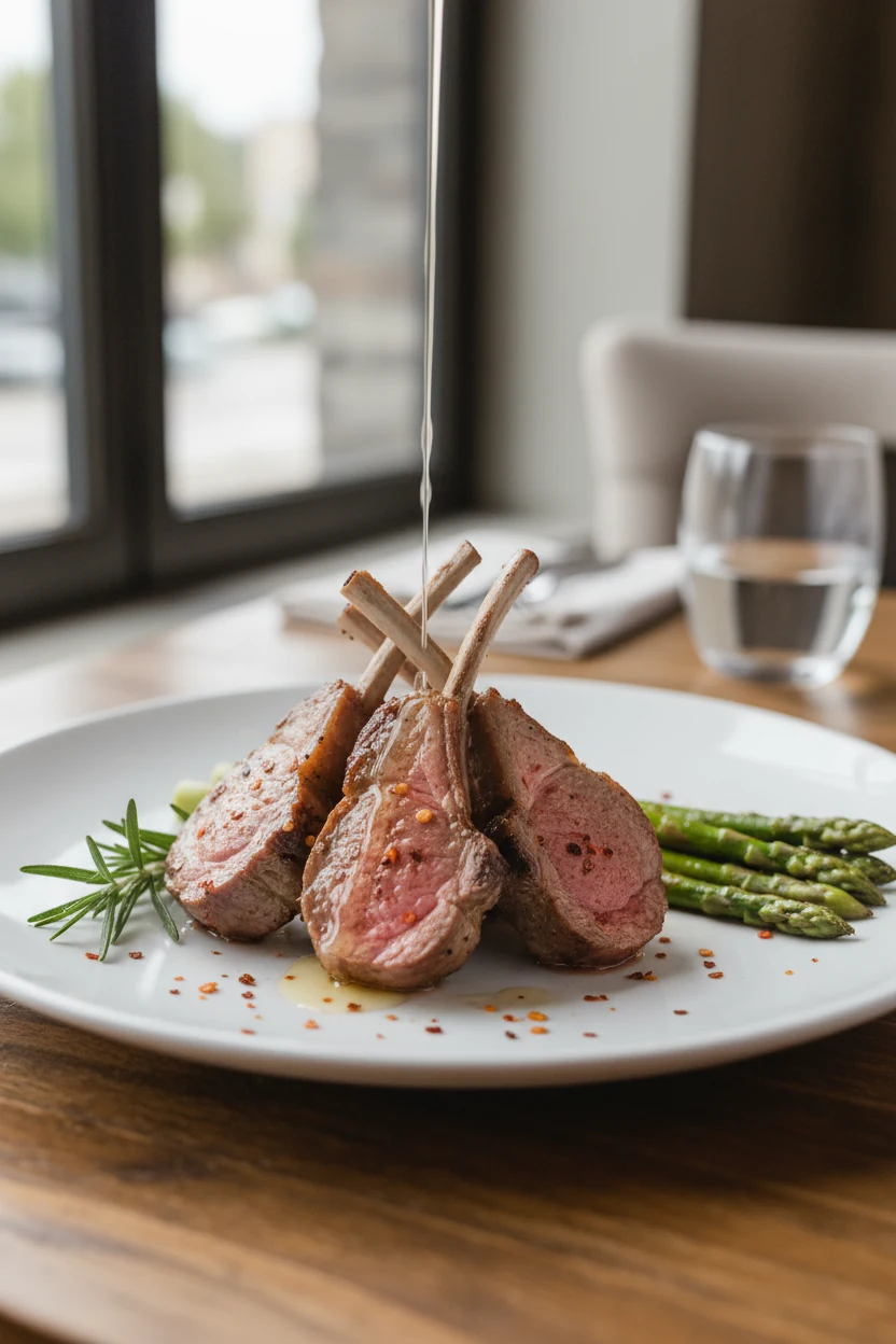 Beautifully plated medium-rare lamb chops drizzled with fresh lemon juice, garnished with whole rosemary sprigs and a sp