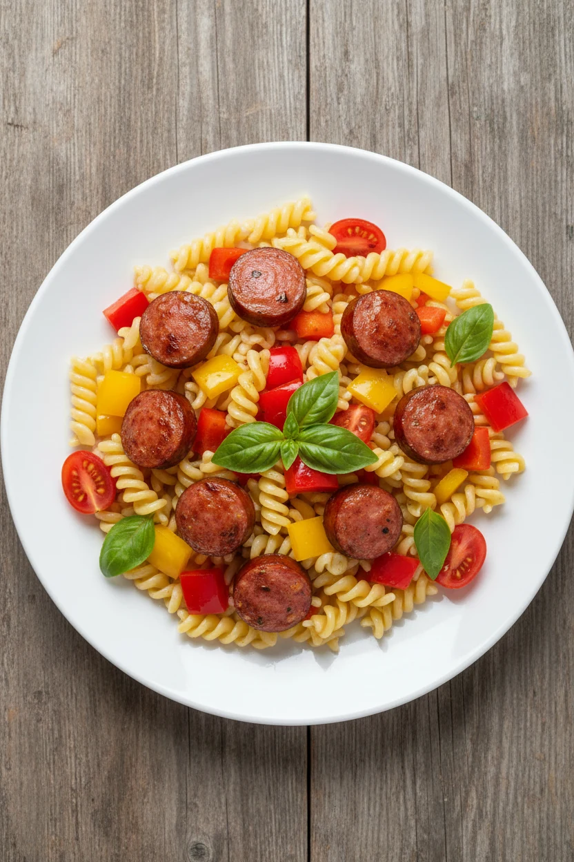 2. Overhead shot of a colorful smoked sausage and vegetable pasta, tossed with red and yellow bell peppers, cherry tomat