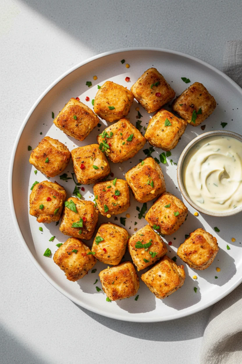 2. Overhead shot of parsley-garnished airfryer chicken cubes arranged neatly on a matte white plate, vibrant seasoning s