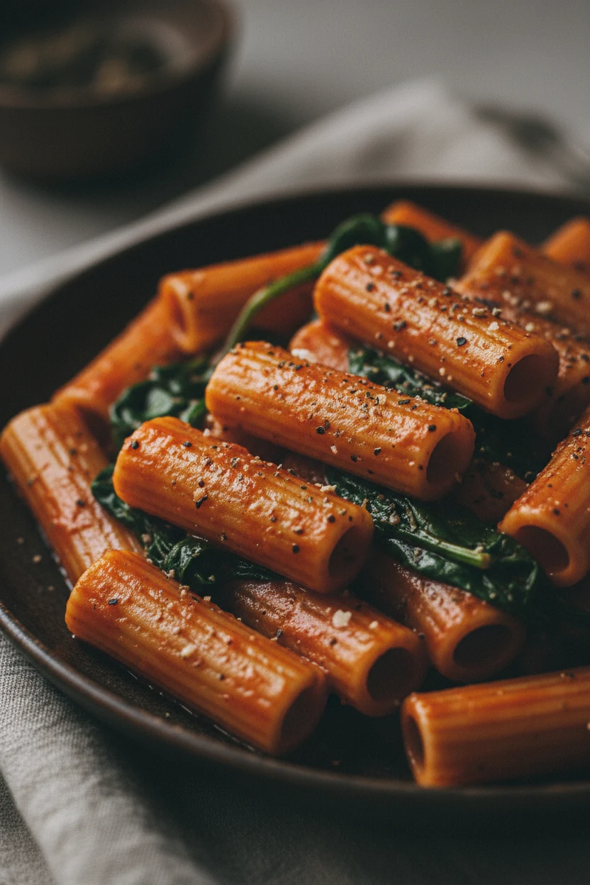 Close-up of rigatoni coated in deep brick-red tomato-cream sauce, glossy Parmesan sheen, specks of black pepper and Ital