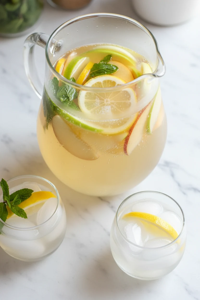 Tasty top view: Overhead of Crisp White Peach sangria—pale gold wine with peach slices, green apple, thin lemon wheels, 