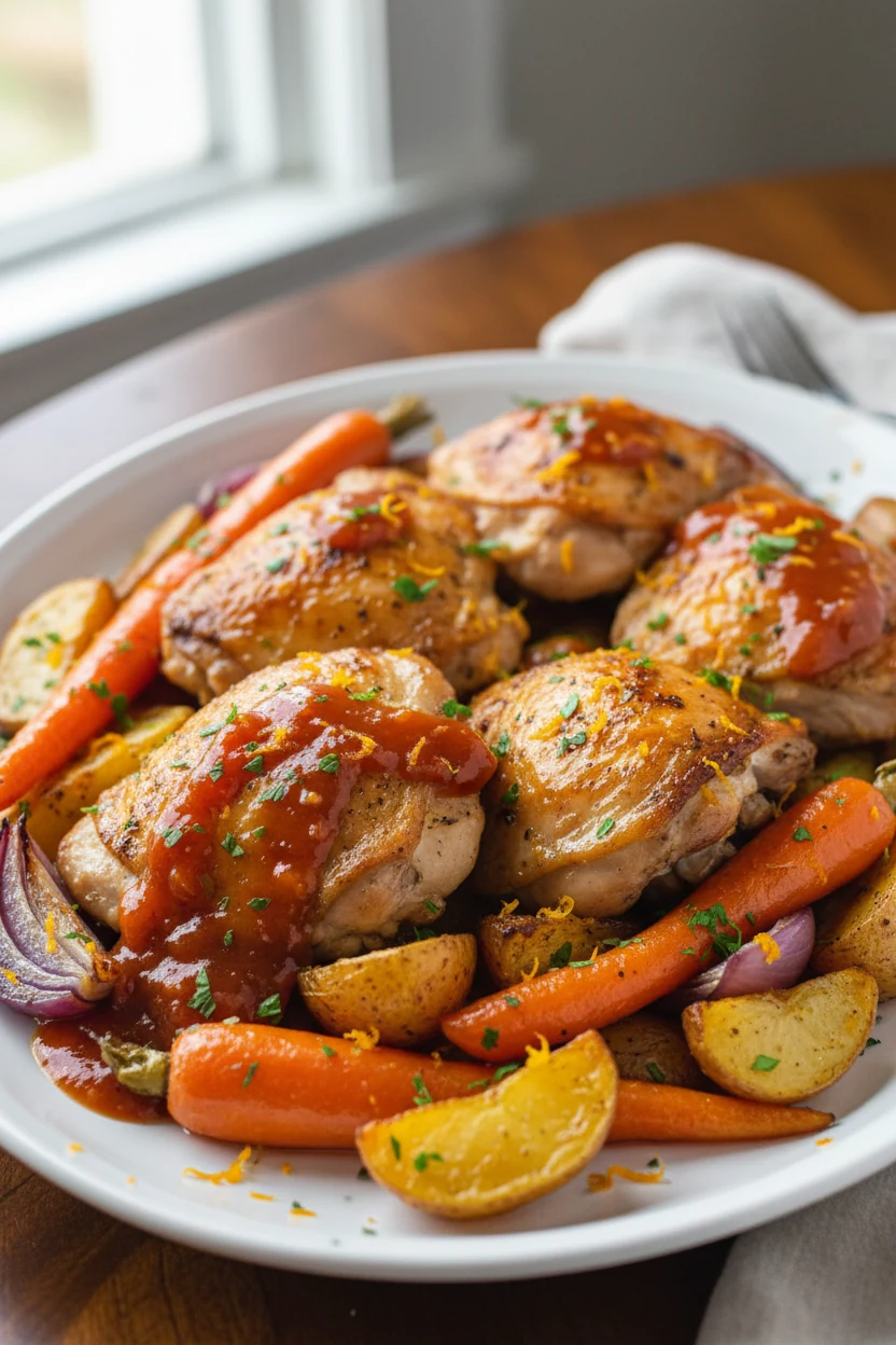 2. Beautifully plated herb-roasted chicken thighs with crispy Yukon Gold potatoes, honey-glazed carrots, and roasted red