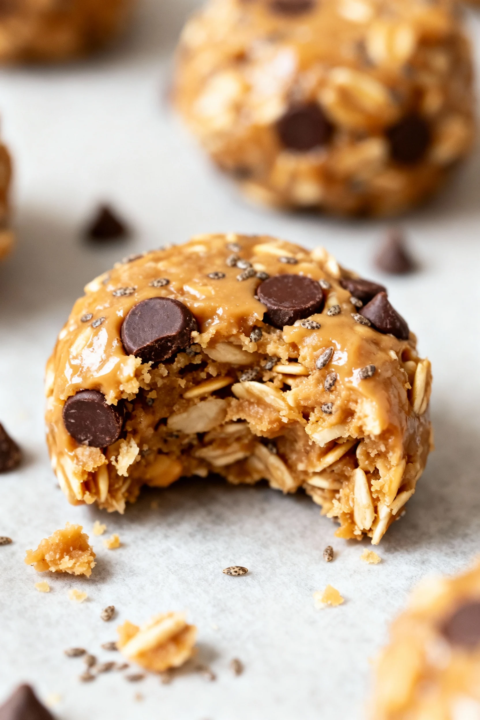 Extreme close-up of a bitten energy bite showing chewy oat–peanut butter interior with mini chocolate chips and flecks o