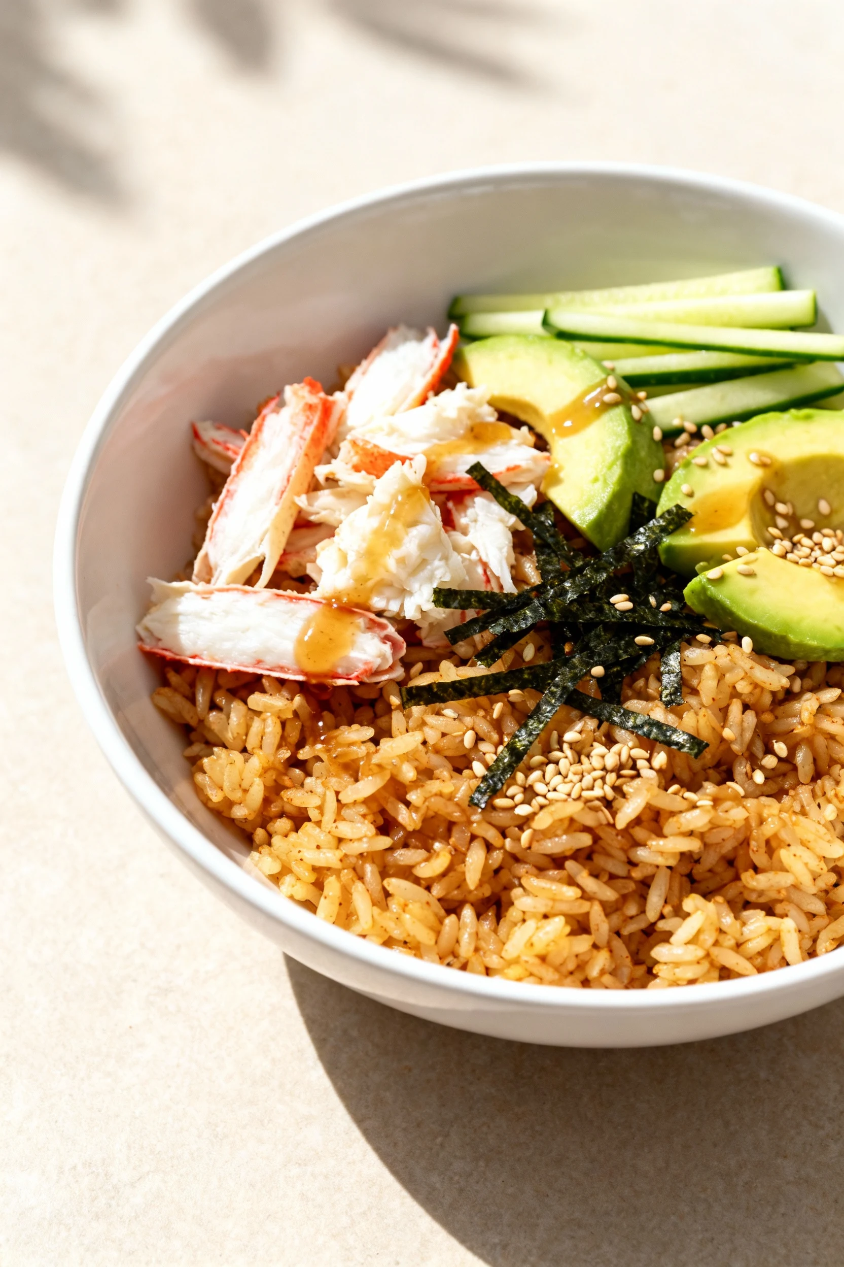 Overhead shot of a California sushi bowl: warm seasoned rice topped with chilled crab, avocado slices, cucumber matchsti