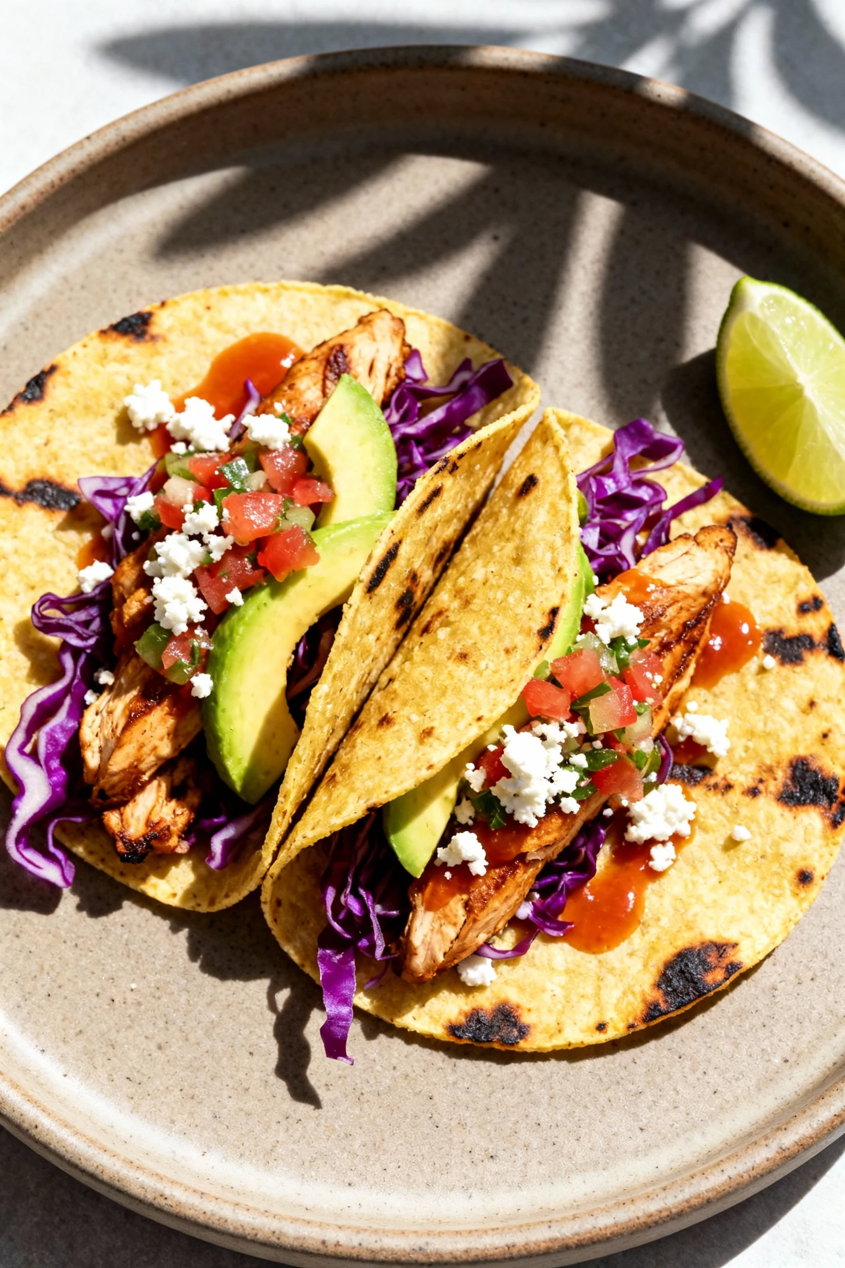 Overhead shot of crunchy chicken tacos on a matte ceramic plate: charred corn tortillas filled with juicy revived chicke