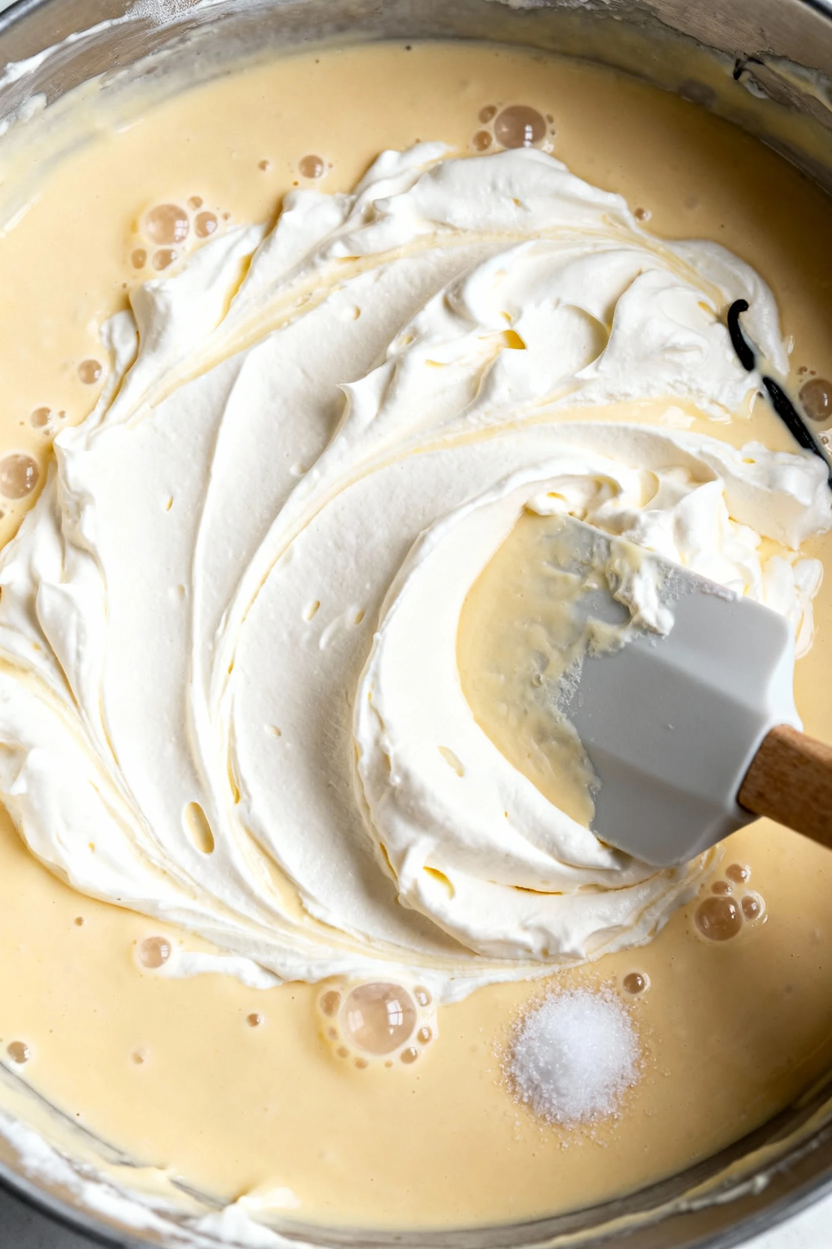 Overhead shot of the no-churn vanilla base gently folded with a spatula—airy whipped cream streaking through sweetened c