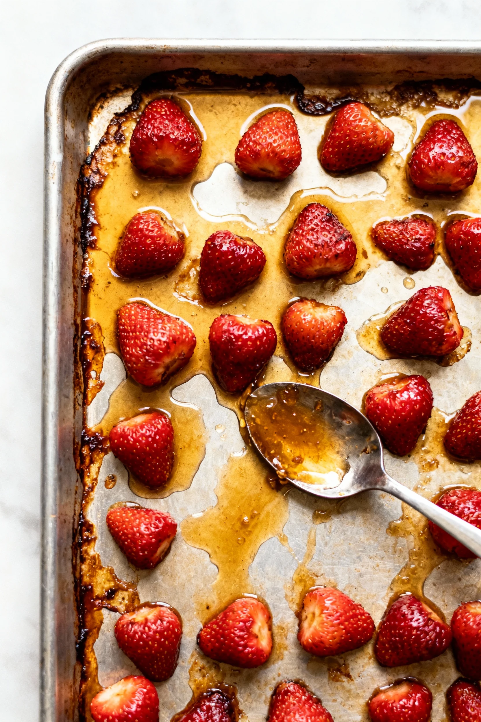 Overhead shot of a rimmed sheet pan just out of the oven at 425°F, strawberries roasted in a single layer with carameliz
