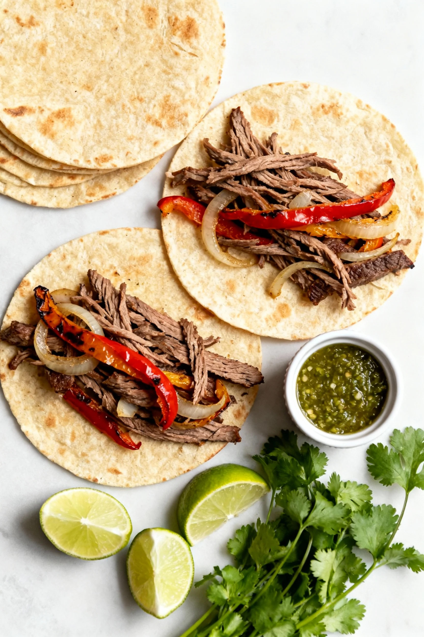 Overhead taco spread: warm tortillas, thin ribbons of flank steak, roasted peppers and onions, lime wedges, fresh cilant