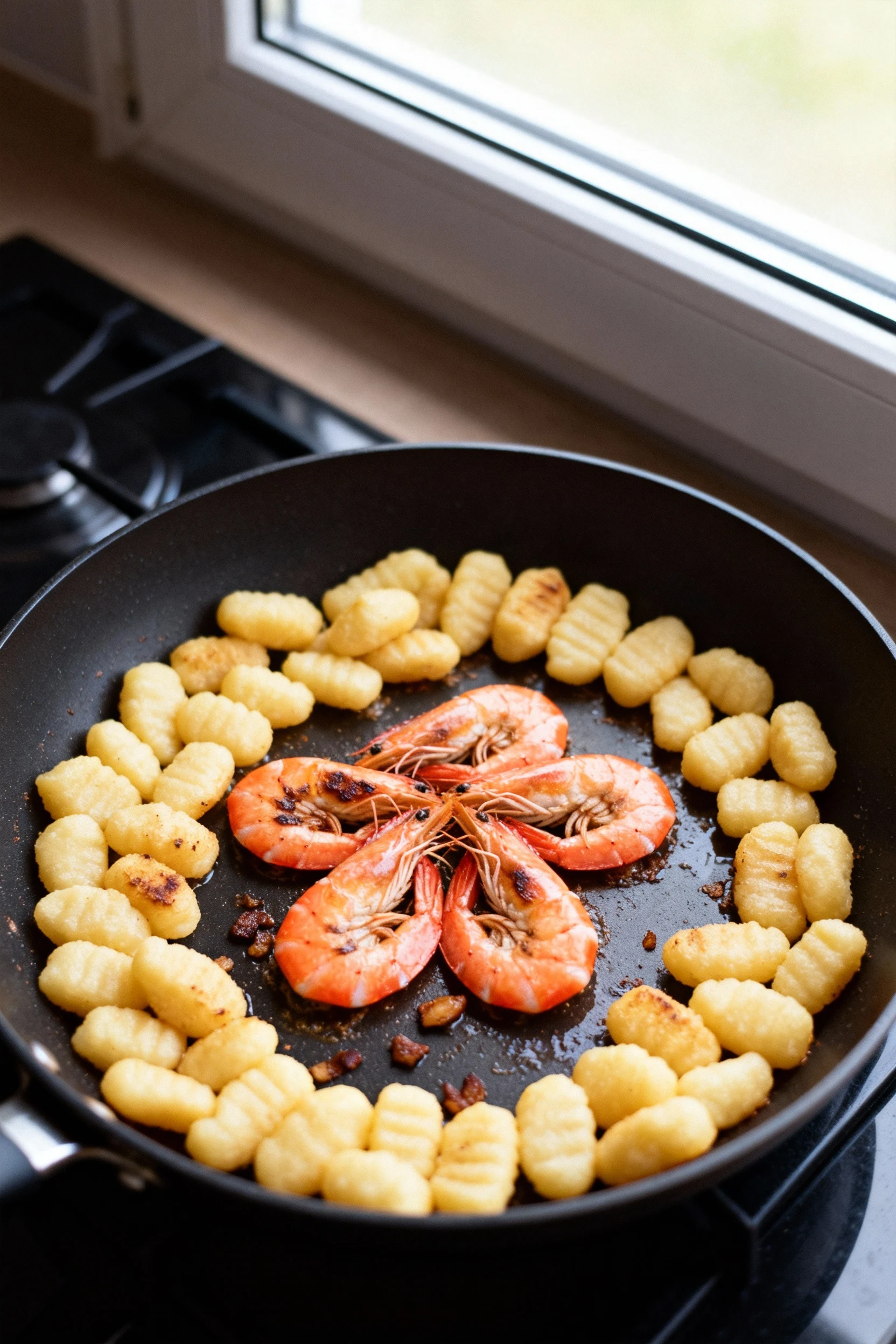 Cooking process overhead: gnocchi pushed to skillet edges while Argentinian red shrimp sear in the center until just pin