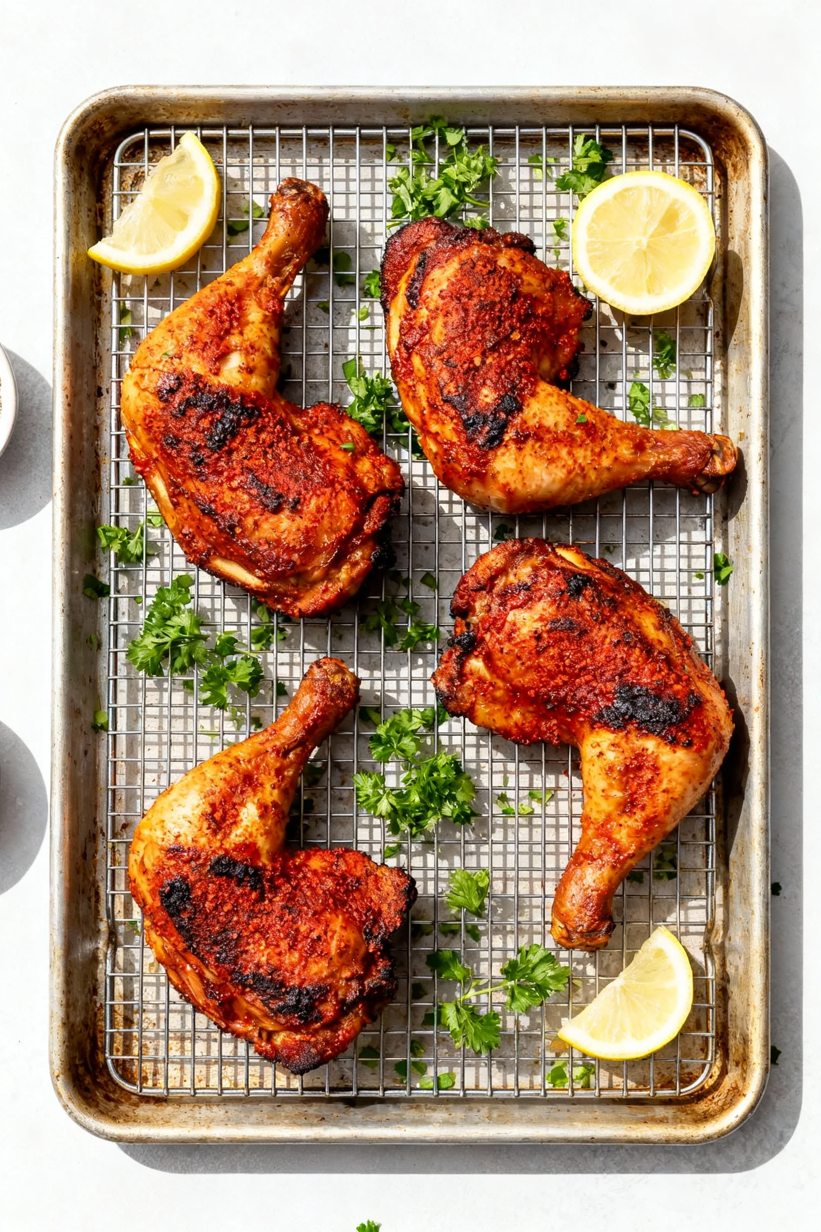 Overhead shot of roasted chicken legs spaced on a rack-lined sheet pan, deep golden-red rub, charred edges, scattered ch