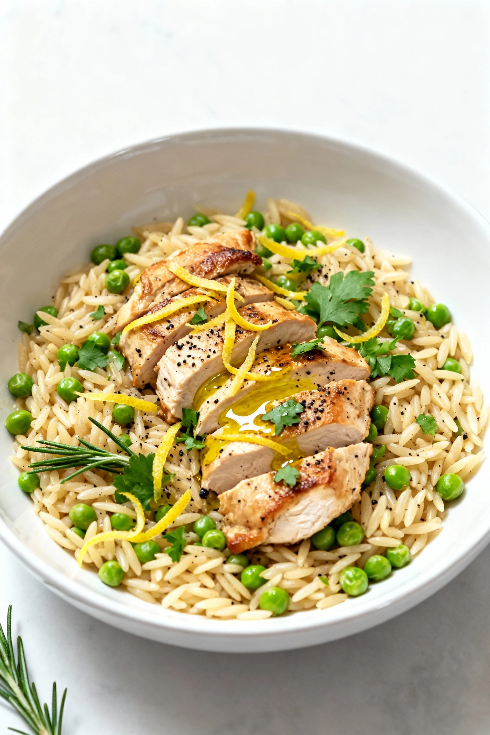 Overhead Lemon Herb Orzo: tender orzo with peas and seared canned chicken, extra lemon, parsley, pinch of rosemary, glos