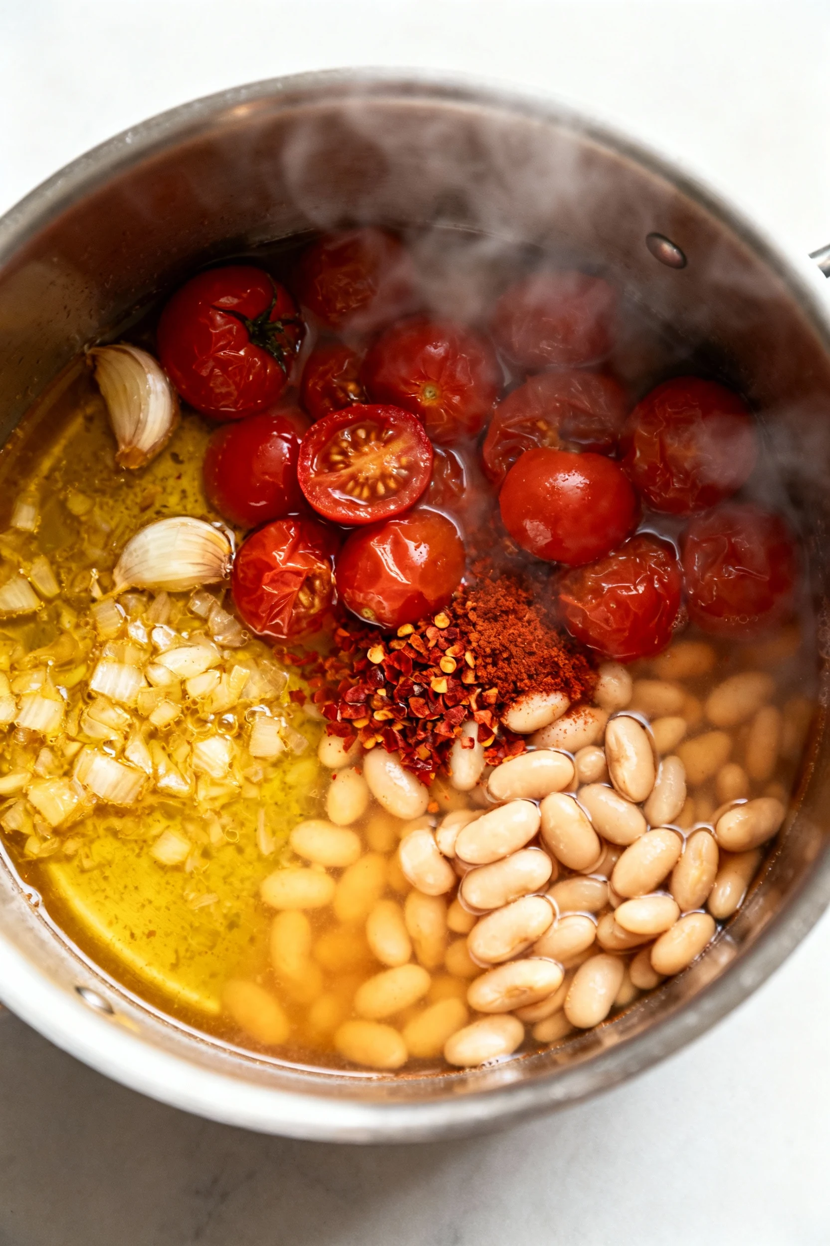 Overhead cooking process shot: sautéed garlic and shallot turned golden in olive oil with burst cherry tomatoes and crus