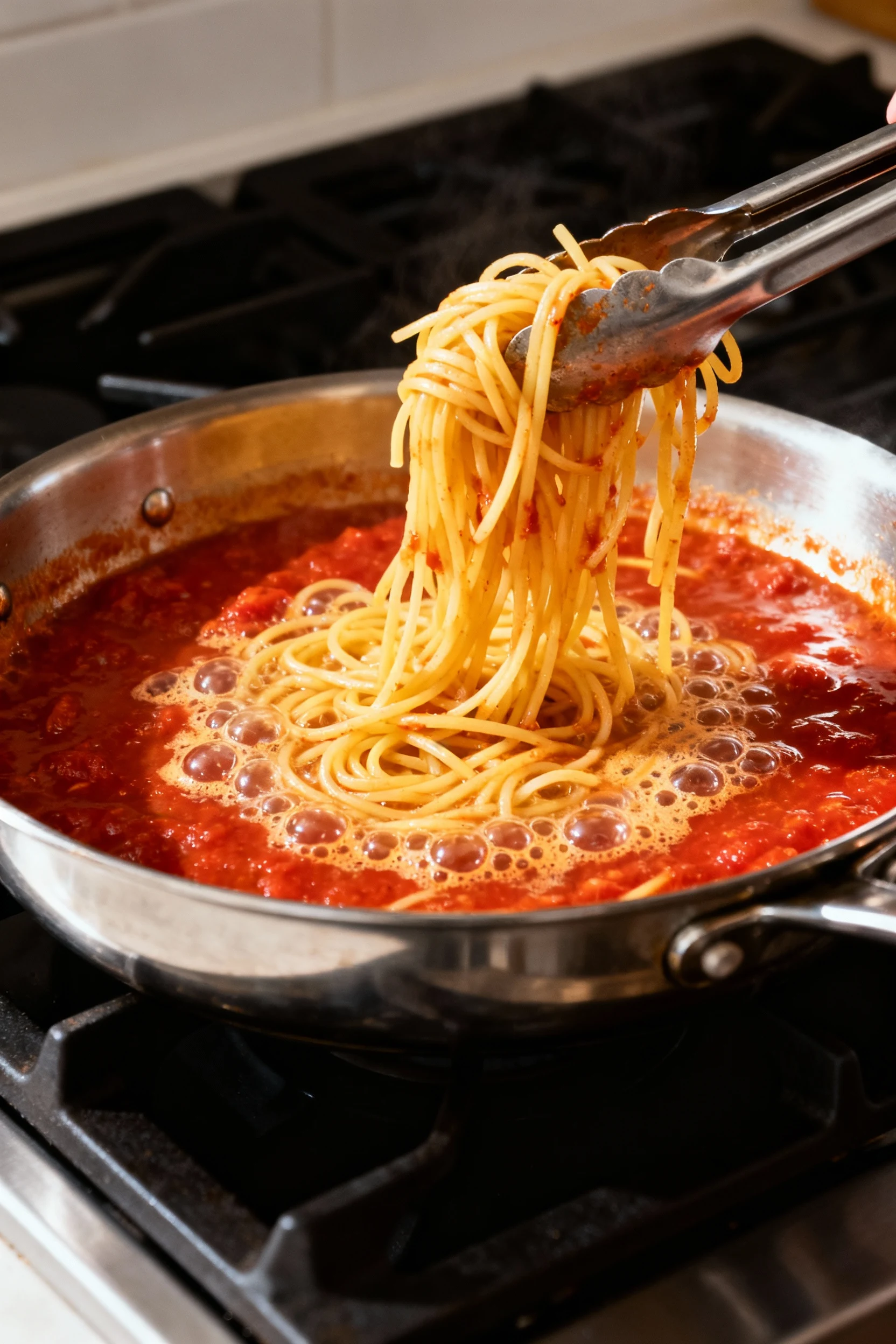 Cooking process, overhead: spaghetti simmering directly in tomato sauce in a wide skillet, steady bubbles and starchy em