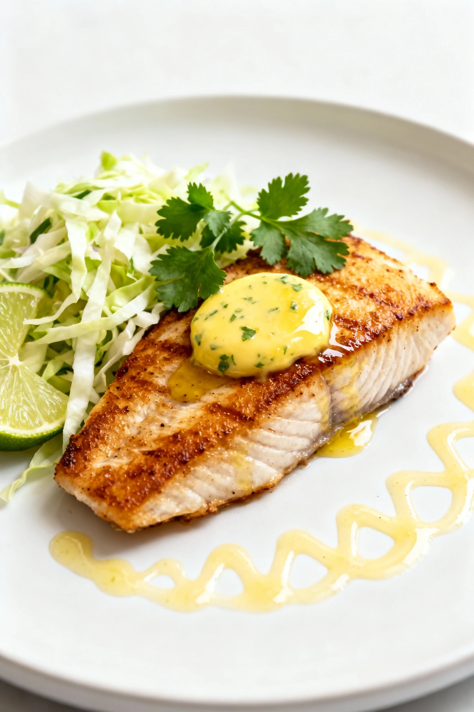 2. Beautifully plated seared mahi mahi with a melting citrus herb butter dollop, lime slaw alongside, pan butter drizzle