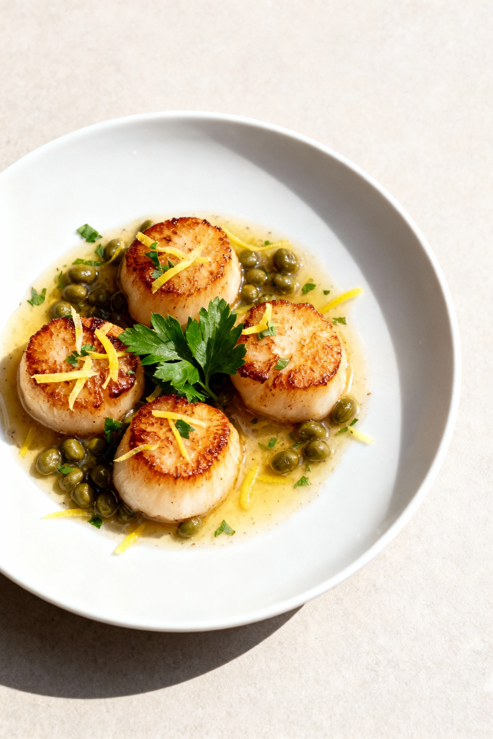 Overhead shot of seared scallops with lemon–caper pan sauce; parsley and fresh lemon zest sprinkled on a white plate; ap